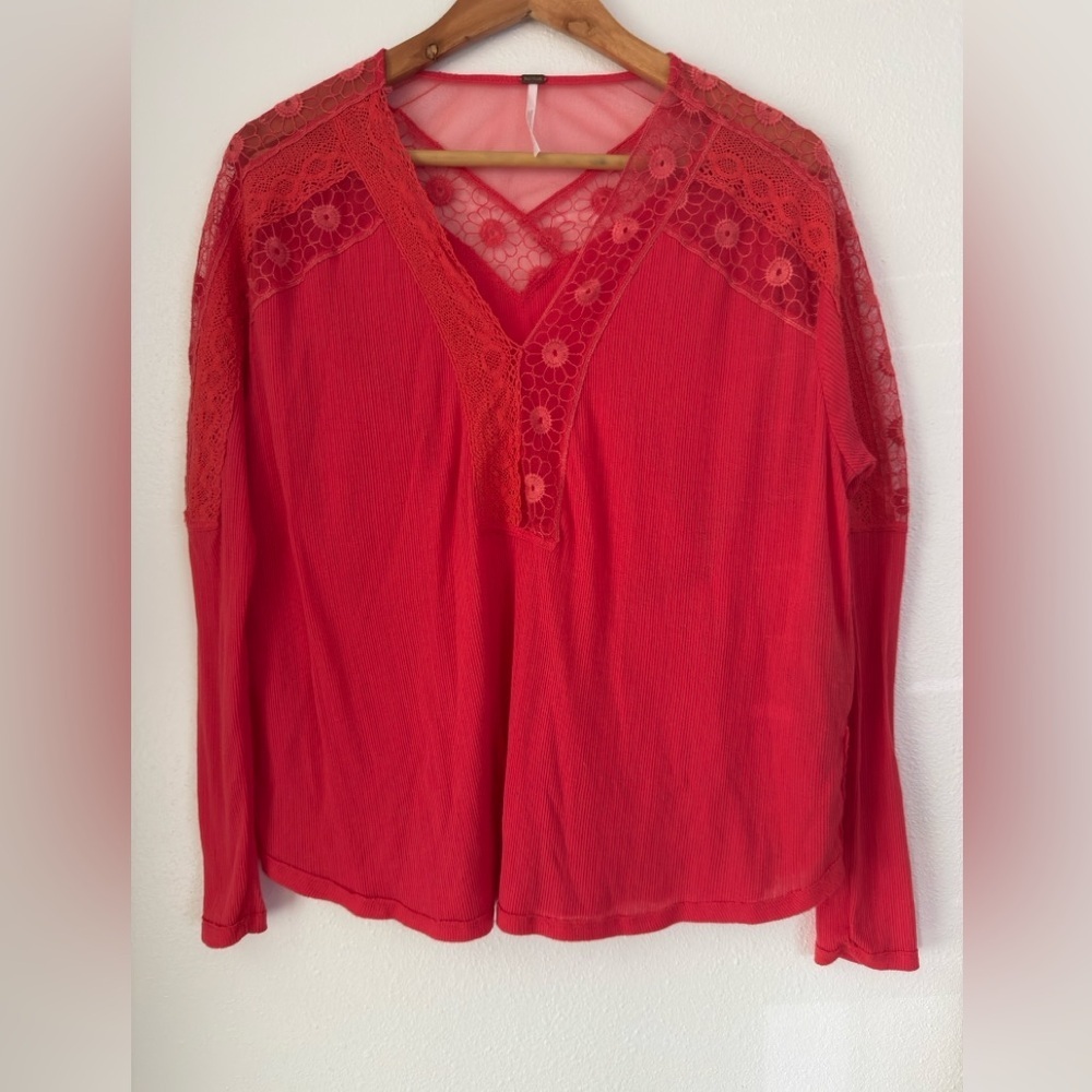 Free People Lola Tunic Top Sz S Long Sleeve Sheer Lace Floral Rose Crimson